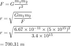 F=G\dfrac{m_1m_2}{r^2}\\\\r=\sqrt{\dfrac{Gm_1m_2}{F}} \\\\r=\sqrt{\dfrac{6.67\times 10^{-11}\times (5\times 10^{15})^2}{3.4\times 10^{15}}}\\\\=700.31\ m