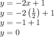y=-2x+1\\y=-2\left(\frac{1}{2}\right)+1\\y=-1+1\\y=0