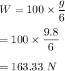 W=100\times \dfrac{g}{6}\\\\=100\times \dfrac{9.8}{6}\\\\=163.33\ N