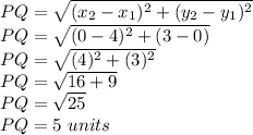 PQ=\sqrt{(x_2-x_1)^2+(y_2-y_1)^2} \\PQ=\sqrt{(0-4)^2+(3-0)}\\PQ=\sqrt{(4)^2+(3)^2}\\PQ=\sqrt{16+9}    \\PQ=\sqrt{25} \\PQ=5\ units\ \\