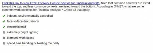Click this link to view O*NET’s Work Context section for Financial Analysts. Note that common contex