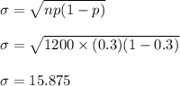 \sigma = \sqrt{np(1-p) } \\ \\  \sigma = \sqrt{1200 \times (0.3)(1-0.3) } \\ \\ \sigma = 15.875