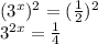 (3^x)^2 = (\frac{1}{2} )^2\\3^{2x} = \frac{1}{4}