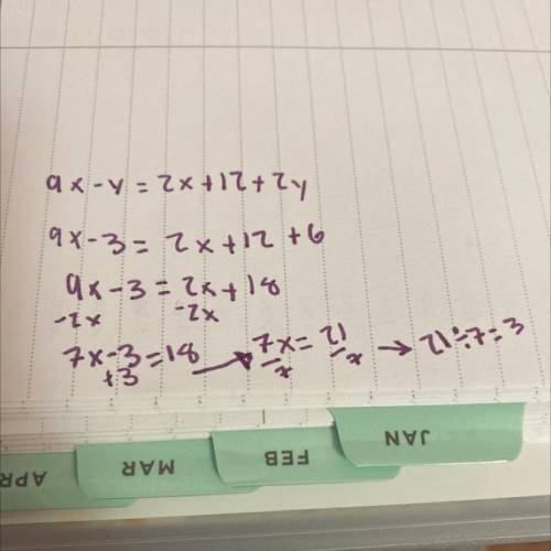 Complete the missing value in the solution to the equation:
8x + x - y = 2x + 12 + 2y
( ,3