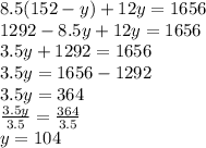 8.5(152-y)+12y = 1656\\1292-8.5y+12y = 1656\\3.5y+1292 = 1656\\3.5y = 1656-1292\\3.5y = 364\\\frac{3.5y}{3.5} = \frac{364}{3.5}\\y = 104