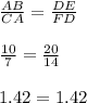 \frac{AB}{CA} = \frac{DE}{FD}\\\\\frac{10}{7} = \frac{20}{14}\\\\1.42 = 1.42