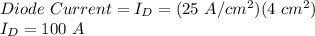 Diode\ Current = I_{D} = (25\ A/cm^2)(4\ cm^2)\\I_{D} = 100\ A