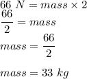 66\ N = mass \times 2\\\dfrac{66}{2}= mass\\mass =\dfrac{66}{2}\\\\mass= 33\ kg