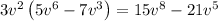 3v^2\left(5v^6-7v^3\right)=15v^8-21v^5