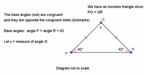 In PQR, PQ = QR. If M < P = 42, find the measures of the other angles

*See attached image for qu