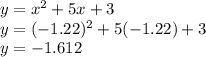 y=x^2+5x+3\\y=(-1.22)^2+5(-1.22)+3\\y=-1.612