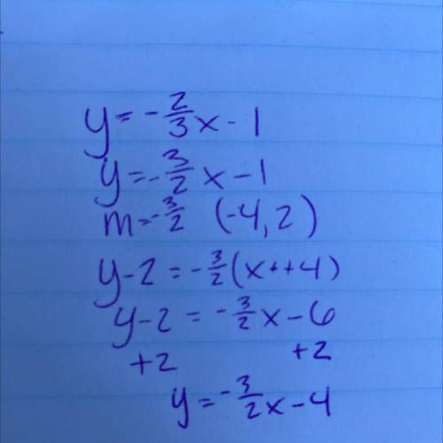 what is an equation of the line that is perpendicular to the line y= -2/3x-1 and passes through the