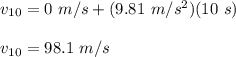 v_{10} = 0\ m/s + (9.81\ m/s^2)(10\ s)\\\\v_{10} = 98.1\ m/s