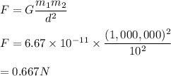 F=G\dfrac{m_1m_2}{d^2}\\\\F=6.67\times 10^{-11}\times \dfrac{(1,000,000)^2}{10^2}\\\\=0.667 N