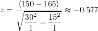 z=\dfrac{(150-165)}{\sqrt{\dfrac{30^{2} }{1}-\dfrac{15^{2}}{1}}} \approx -0.577