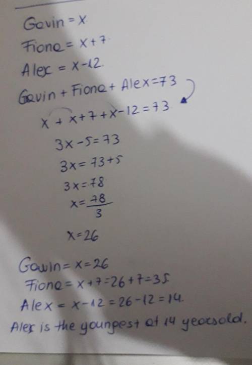 Fiona is 7 years older than Gavin. Alex is 12 years younger than Gavin. If the total age is 73 how o