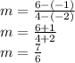 m=\frac{6-(-1)}{4-(-2)}\\m=\frac{6+1}{4+2}\\m=\frac{7}{6}