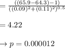 = \frac{((65.9-64.3)-1)}{((0.09)^2+(0.11)^2)^{0.5}} \\\\= 4.22 \\\\\to p= 0.000012