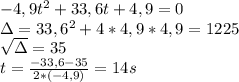-4,9t^2+33,6t+4,9=0\\\Delta=33,6^2+4*4,9*4,9=1225\\\sqrt{\Delta }=35\\t=\frac{-33,6-35}{2*(-4,9)}  =14s