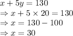 x+5y=130\\\Rightarrow x+5\times 20=130\\\Rightarrow x=130-100\\\Rightarrow x=30