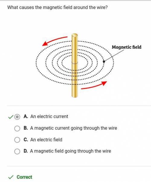 What causes the magnetic field around the wire?

Magnetic field
O A. An electric current
O B. An ele