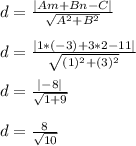 d = \frac{|Am+Bn-C|}{\sqrt{A^2+B^2}}\\\\d = \frac{|1*(-3)+3*2-11|}{\sqrt{(1)^2+(3)^2}}\\\\d = \frac{|-8|}{\sqrt{1+9}}\\\\d = \frac{8}{\sqrt{10}}\\\\