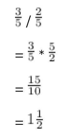 The figure below shows the quotient of fraction 3 over 5Division signfraction 2 over 5 using a recta