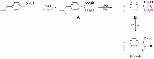 Two steps in a synthesis of the analgesic ibuprofen include a carbonyl condensation reaction, follow
