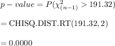 p-value=P(\chi^{2}_{(n-1)}191.32)\\\\=\text{CHISQ.DIST.RT}(191.32,2)\\\\=0.0000