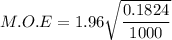 M.O.E = 1.96 \sqrt { \dfrac{0.1824}{1000}}