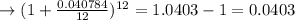\to (1+ \frac{0.040784}{12})^{12} = 1.0403-1 = 0.0403