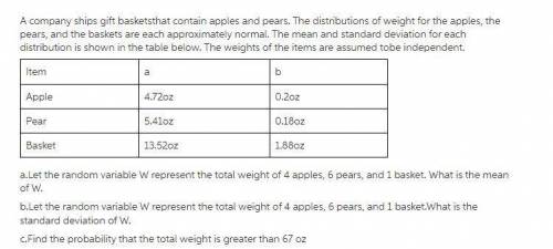 A company ships gift baskets that contain apples and pears the distributions of weight for the apple