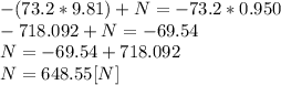 -(73.2*9.81)+N=-73.2*0.950\\-718.092+N=-69.54\\N = -69.54+718.092\\N = 648.55[N]