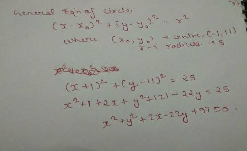 What is an equation for the circle with center (-1,11) and radius 5
