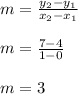 m=\frac{y_2-y_1}{x_2-x_1}\\\\m=\frac{7-4}{1-0}\\\\m=3