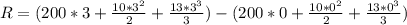 R = (200*3 + \frac{10*3^2}{2} + \frac{13*3^3}{3}) - ( 200*0 + \frac{10*0^2}{2} + \frac{13*0^3}{3})