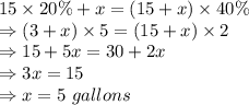 15\times 20\% + x = (15+x)\times 40\%\\\Rightarrow (3+x)\times 5 = (15+x)\times 2\\\Rightarrow 15+5x=30+2x\\\Rightarrow 3x=15\\\Rightarrow x =5\ gallons