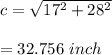 c=\sqrt{17^{2}+28^{2}}\\\\=32.756\ inch