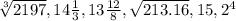 \sqrt[3]{2197}, 14\frac{1}{3}, 13\frac{12}{8}, \sqrt{213.16}, 15, 2^4