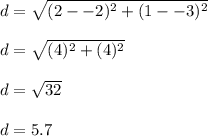 d = \sqrt{(2--2)^2 + (1--3)^2} \\\\d = \sqrt{(4)^2 + (4)^2\\} \\\\d = \sqrt{ 32}\\\\d = 5.7\\