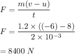 F=\dfrac{m(v-u)}{t}\\\\F=\dfrac{1.2\times ((-6)-8)}{2\times 10^{-3}}\\\\=8400\ N