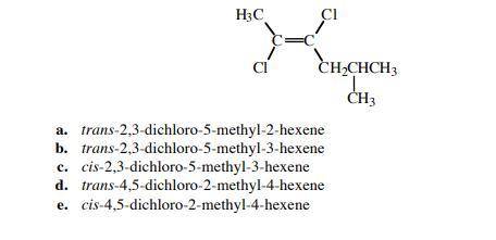 The correct IUPAC name for the following molecule is: 

a) trans-2,3-dichloro-5-methyl-2-hexene 
b)