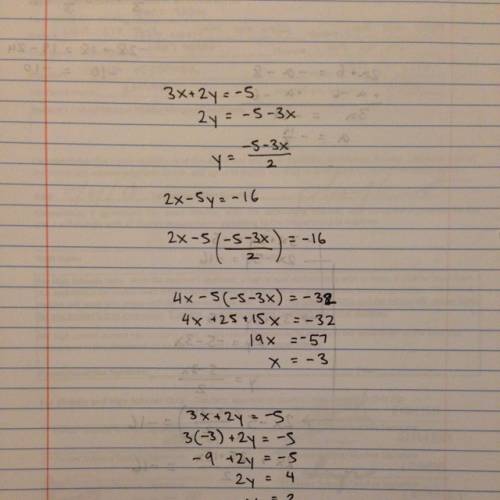 Solve by substitution 3x+2y=-5, 2x-5y=-16