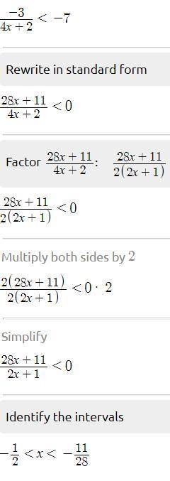 What is the solution to -3/4x+2<-7?