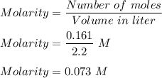 Molarity = \dfrac{Number \ of \  moles }{Volume\ in \ liter} \\\\Molarity = \dfrac{0.161}{2.2}\ M\\\\Molarity = 0.073 \ M