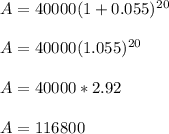 A= 40000(1+0.055)^2^0\\\\A= 40000(1.055)^2^0\\\\A= 40000*2.92\\\\A=116800\\\\
