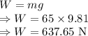 W=mg\\\Rightarrow W=65\times 9.81\\\Rightarrow W=637.65\ \text{N}