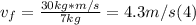 v_{f}  =\frac{30 kg*m/s}{7 kg}  = 4.3 m/s  (4)
