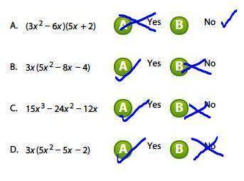Consider the polynomial operation 3x(x − 2)(5x + 2). Is the expression equivalent? Select Yes or No
