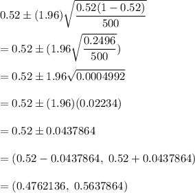0.52\pm (1.96)\sqrt{\dfrac{0.52(1-0.52)}{500}}\\\\=0.52\pm(1.96\sqrt{\dfrac{0.2496}{500}})\\\\=0.52\pm 1.96\sqrt{0.0004992}\\\\=0.52\pm (1.96)(0.02234)\\\\=0.52\pm0.0437864\\\\=(0.52-0.0437864,\ 0.52+0.0437864)\\\\=(0.4762136,\ 0.5637864)